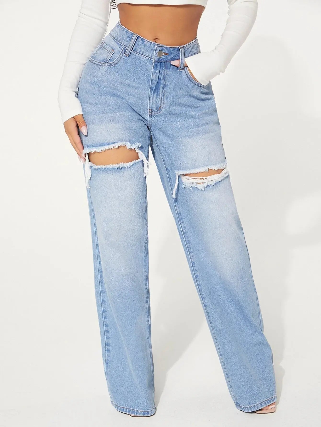 Ripped jeans Single Button Cut Out Ripped Frayed Wide Leg Jeans - Streetsharks