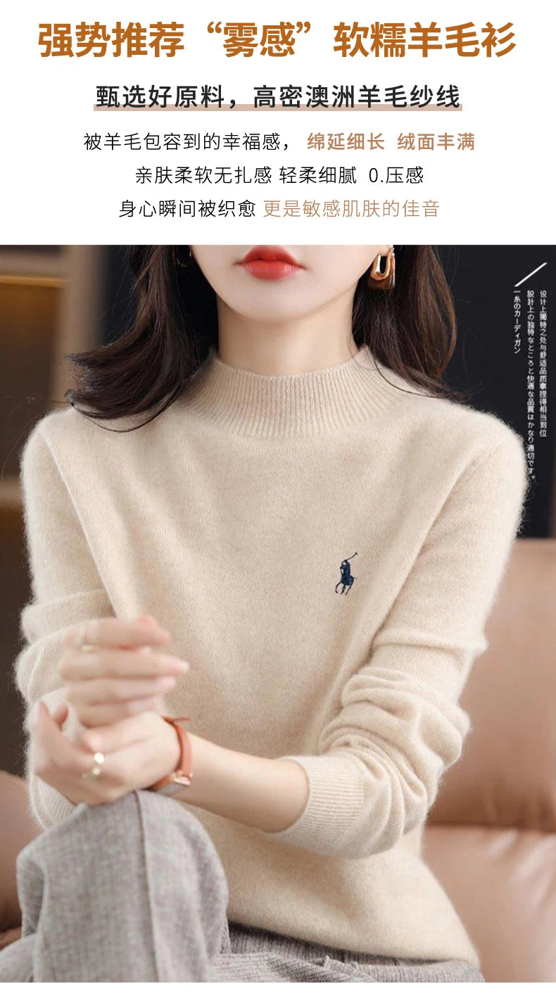 2024 Autumn/Winter Women's New Cashmere Hoodie Fashionable Embroidered Half High Neck Soft Cashmere Explosive100% Australianwool