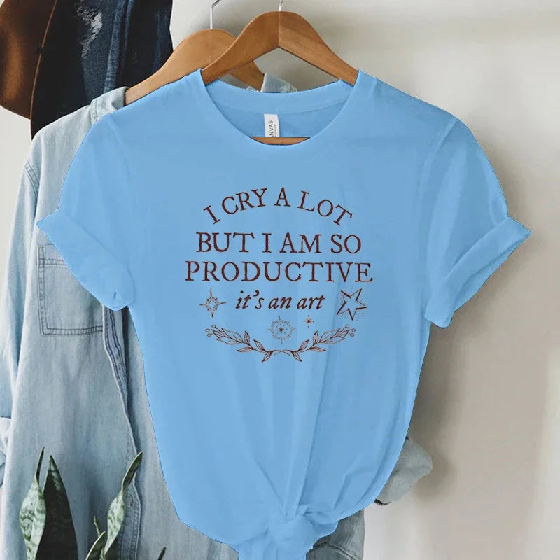 TTPD Album T-shirts Women's I Cry A Lot But I Am So Productive Print T Shirt Short Sleeve Casual Tees Mental Health Music Tshirt TU Streetsharks