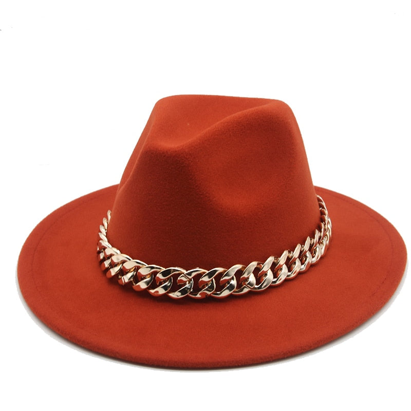 Fedora Hats for Women Men Wide Brim Thick Gold Chain Band Felted Hat Jazz Cap Winter Autumn Panama Red Luxury Hat Chapeau Lemme -  Streetsharks