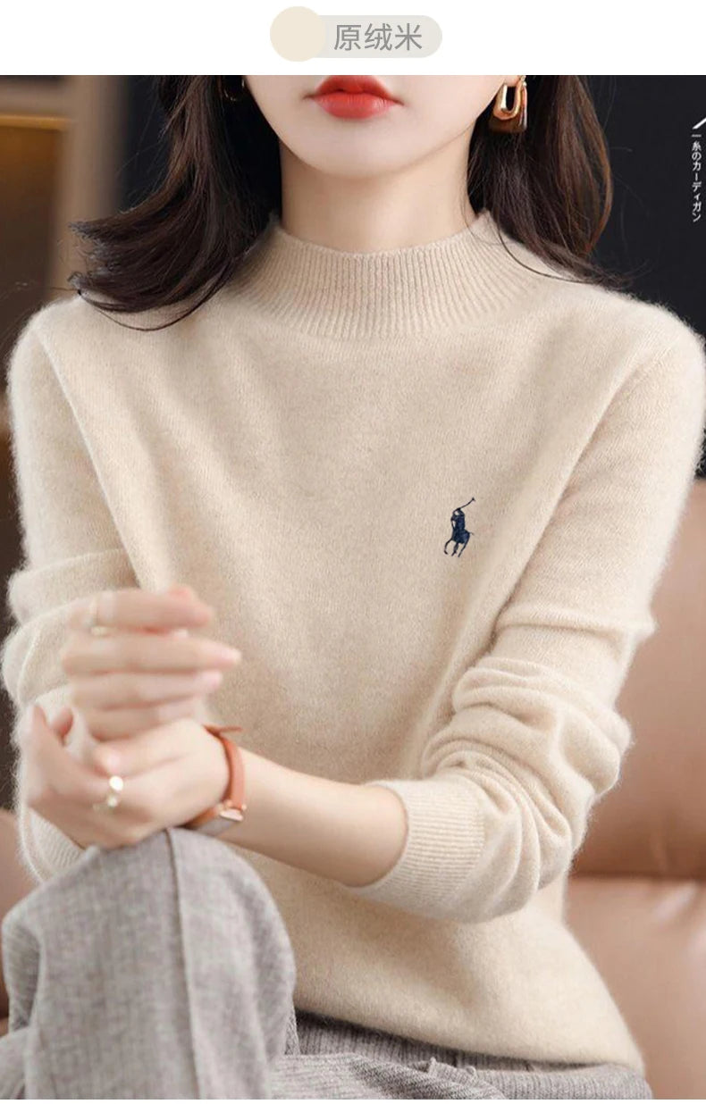 2024 Autumn/Winter Women's New Cashmere Hoodie Fashionable Embroidered Half High Neck Soft Cashmere Explosive100% Australianwool