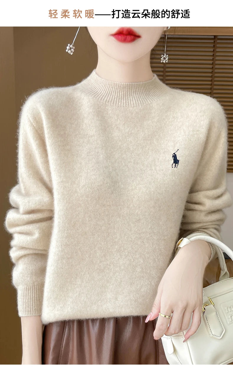 2024 Autumn/Winter Women's New Cashmere Hoodie Fashionable Embroidered Half High Neck Soft Cashmere Explosive100% Australianwool