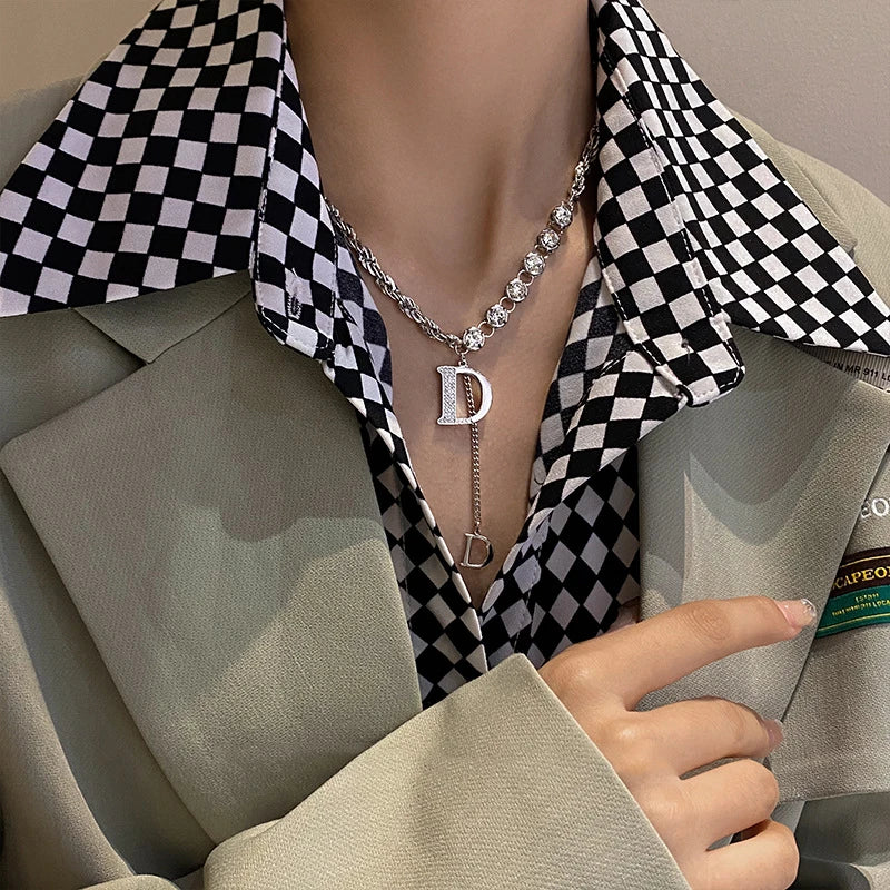 2024 New Luxury Zircon Letter D Pendant Necklace for Women Girls Sparkling Rhinestone Tassel Sweater Chain Necklace Jewelry Gift