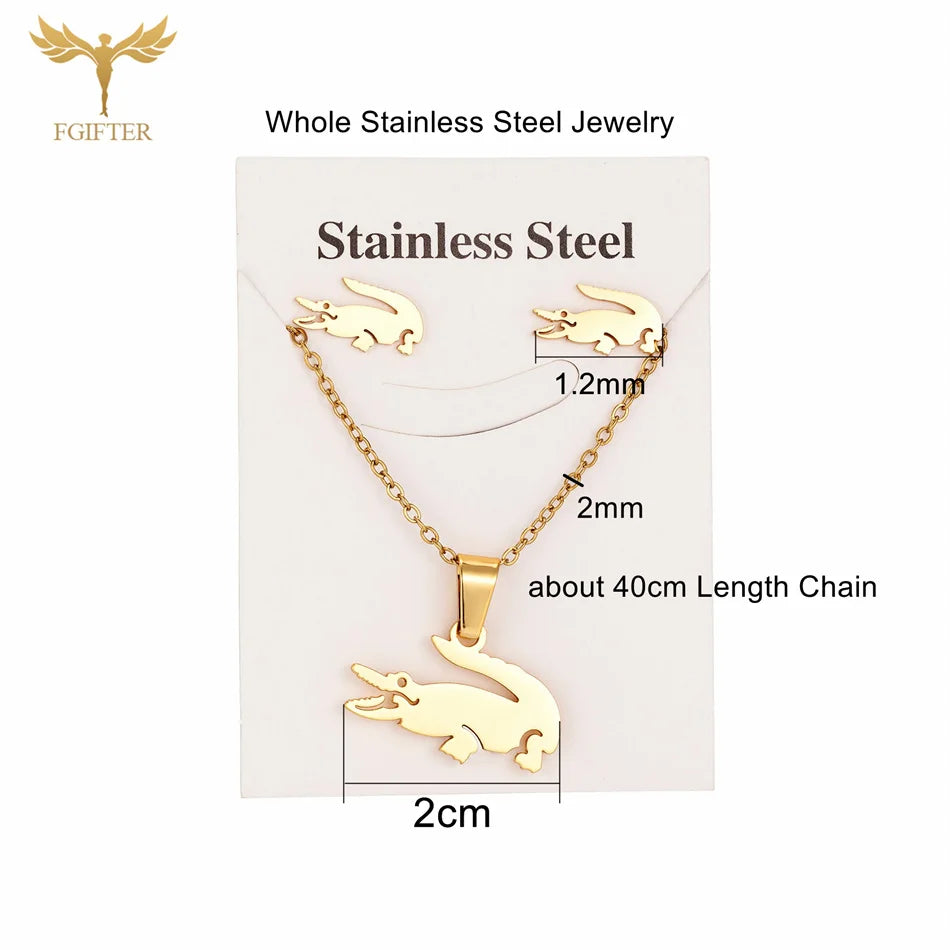 Fgift Gold Plated Sainless Steel Jewelry Sets For Women Crocodile Pendant Chain Necklace Stud Earrings Animal Design Party Gifts