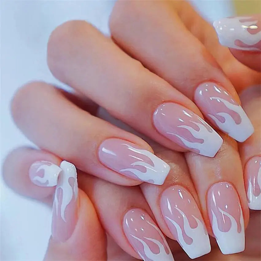 24Pcs/Set Blue Sky White Cloud Fake Nails Glue DIY Manicure Pattern Design False Nail French Stiletto Full Cover Nail Art Tools - Streetsharks