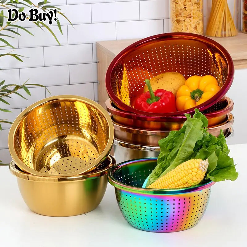 3 Pcs/Set Kitchen Drain Basin Basket Fruit Vegetable Basket Stainless Steel Fruit Supplies Streetsharks