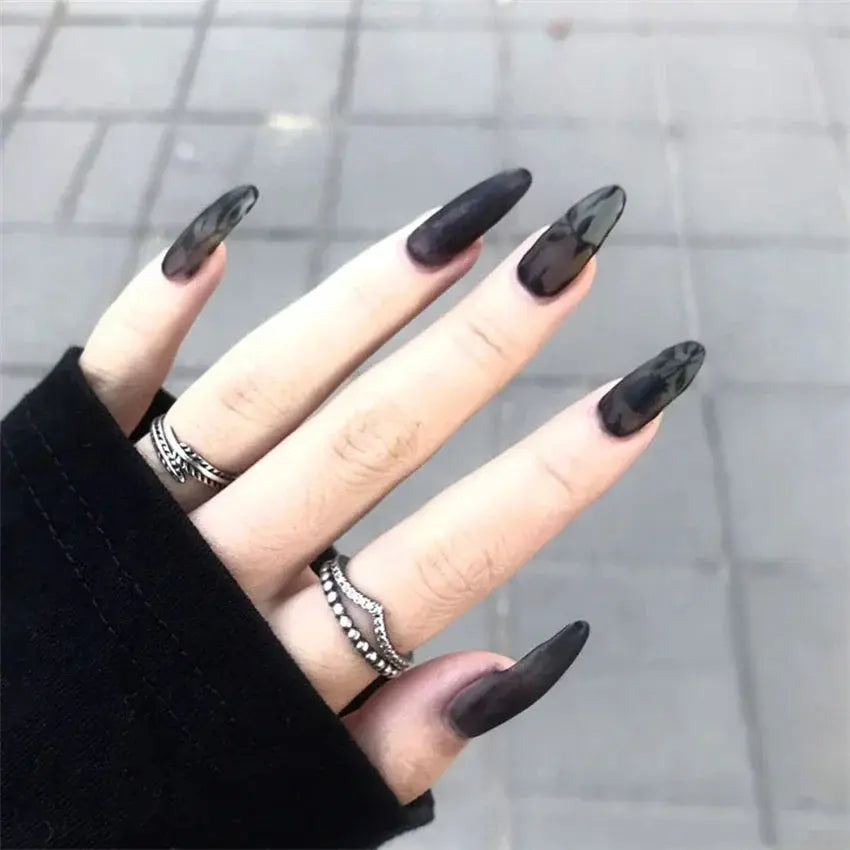 24Pcs/Set Medium Long Oval Acrylic Press on Nails Artificial Full Cover Wearing False Nails Black Gradient Almond Fake Nails Art - Streetsharks