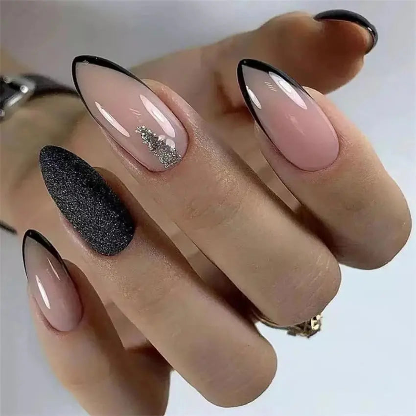 24Pcs/Set Medium Long Oval Acrylic Press on Nails Artificial Full Cover Wearing False Nails Black Gradient Almond Fake Nails Art - Streetsharks