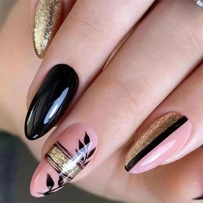 24Pcs/Set Medium Long Oval Acrylic Press on Nails Artificial Full Cover Wearing False Nails Black Gradient Almond Fake Nails Art - Streetsharks