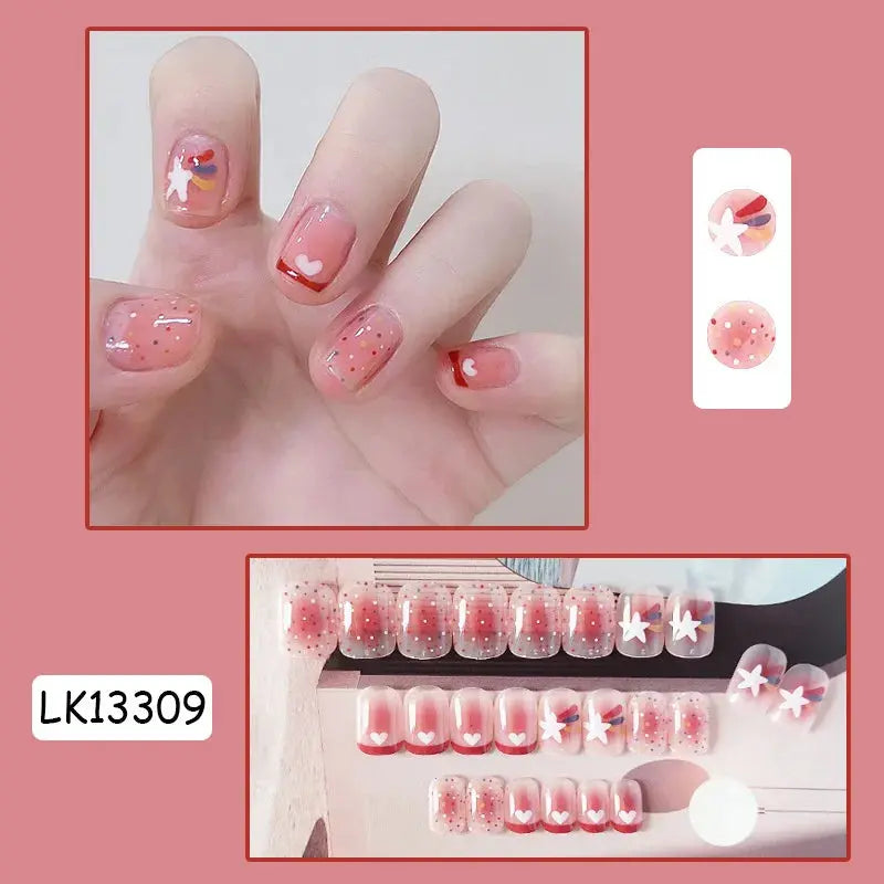 24Pcs/Set Pink Smudged Short False Nail Polka Dot Detachable French Design Fake Nails Art Full Cover Artificial Press on Nails Streetsharks