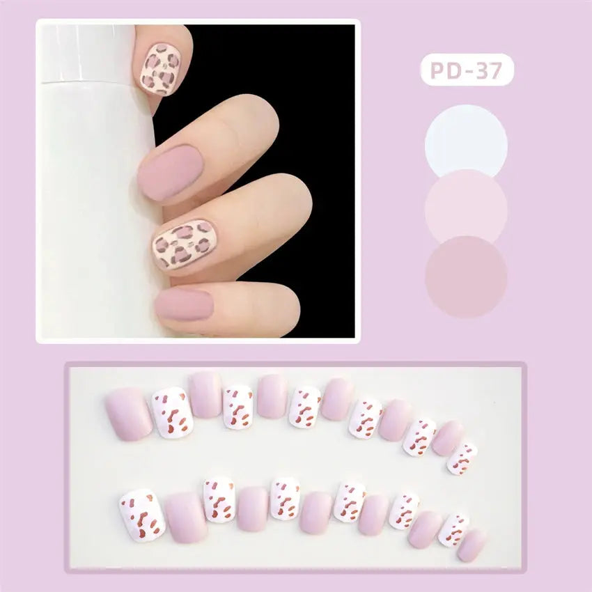 24Pcs/Set Pink Smudged Short False Nail Polka Dot Detachable French Design Fake Nails Art Full Cover Artificial Press on Nails - Streetsharks