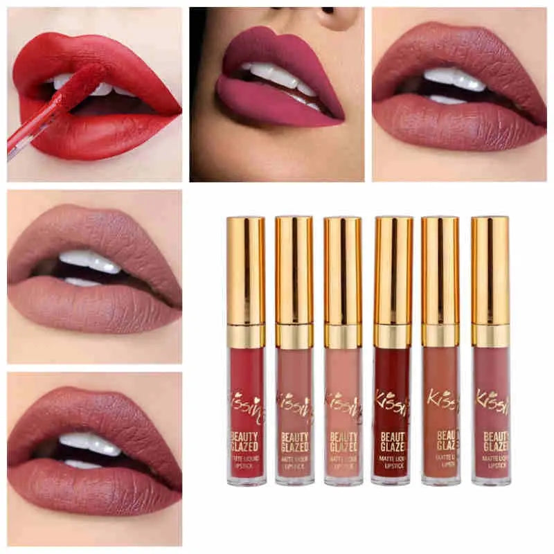 BEAUTY GLAZED 6pcs/Set Professional Liquid Lipstick Lip Gloss Makeup Streetsharks