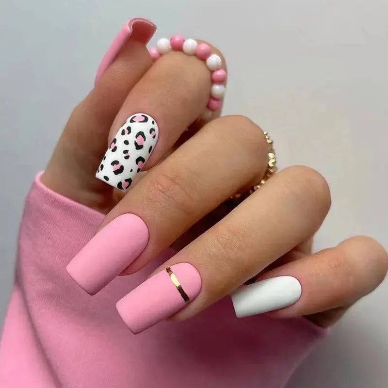 24Ps/Set Square Head Coffin Wearing False Nails Art Pink Matte French Fake Nails Leopard Artificial Acrylic White Press on Nails - Streetsharks