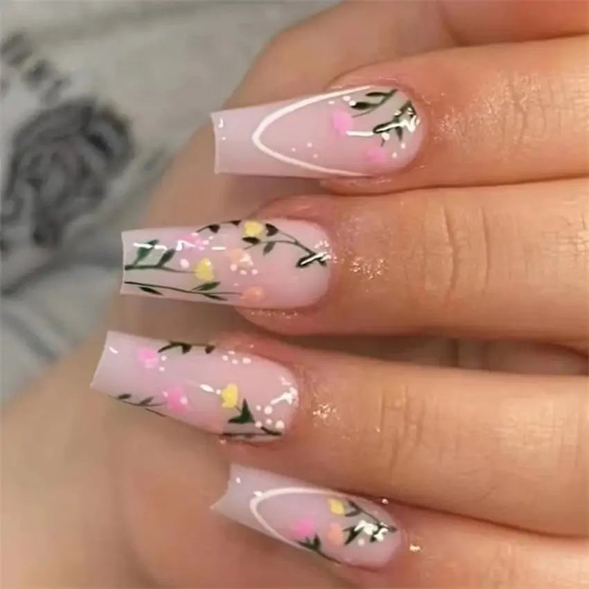 24Ps/Set Square Head Coffin Wearing False Nails Art Pink Matte French Fake Nails Leopard Artificial Acrylic White Press on Nails Streetsharks