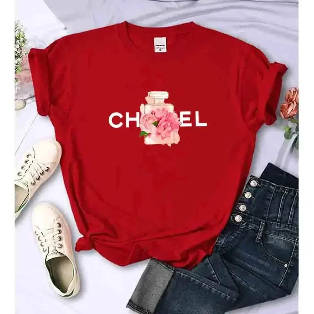 Luxury Fashion Brand Printed Women's Summer T-Shirt Alphabet Flower Perfume Shirt Pattern T-Shirt High Quality Short Sleeve Top