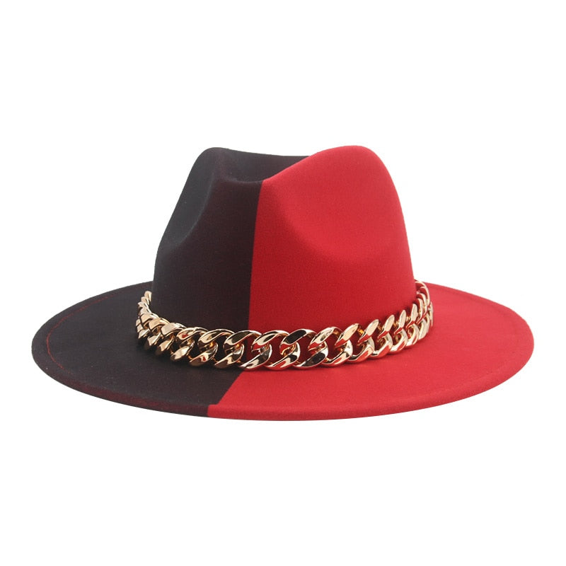 Fedora Hats for Women Men Wide Brim Thick Gold Chain Band Felted Hat Jazz Cap Winter Autumn Panama Red Luxury Hat Chapeau Lemme -  Streetsharks