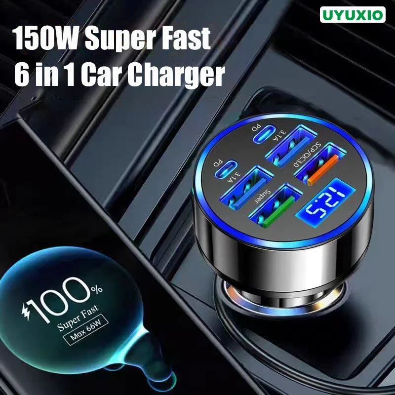 UYUXIO 6 in 1 USB C Car Phone Charger Adapter with Voltage Display Dual PD Super Fast for iPhone 15 Pro max OPPO Samsung Huawei