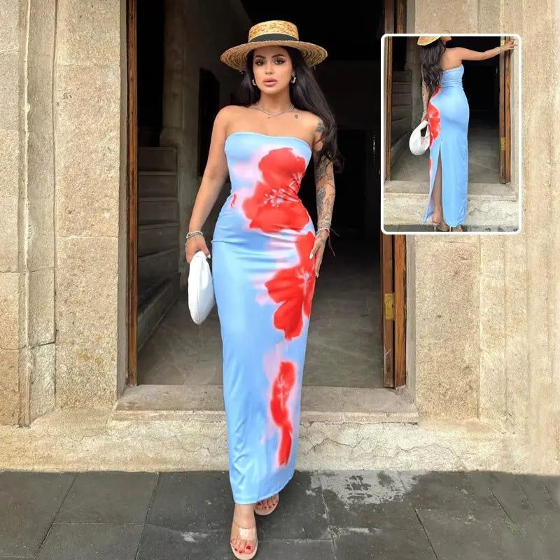 Slim Slit Tube Long Dress Summer Sexy Pint Party Beach Dresses Women's Clothing Streetsharks