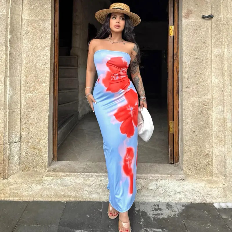 Slim Slit Tube Long Dress Summer Sexy Pint Party Beach Dresses Women's Clothing Streetsharks