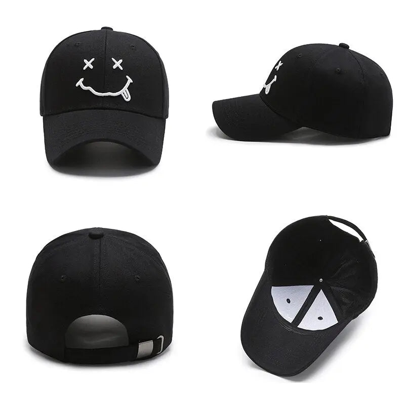 Smile Face Embroidery Baseball Caps K-pop Black Cotton Adjustable Hip Hop Cap Streetsharks