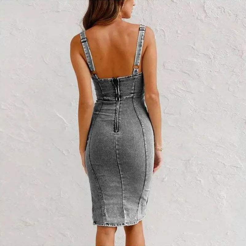 Summer Casual Tight Slim Fit Dresses with Slit Design, U-neck Suspender Denim Dress StreetSharks