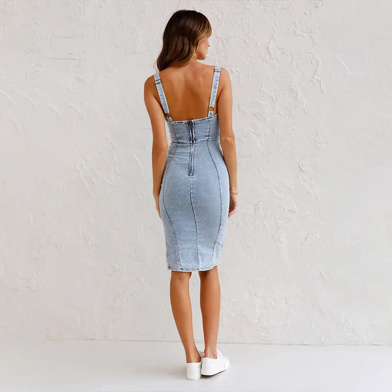 Summer Casual Tight Slim Fit Dresses with Slit Design, U-neck Suspender Denim Dress StreetSharks