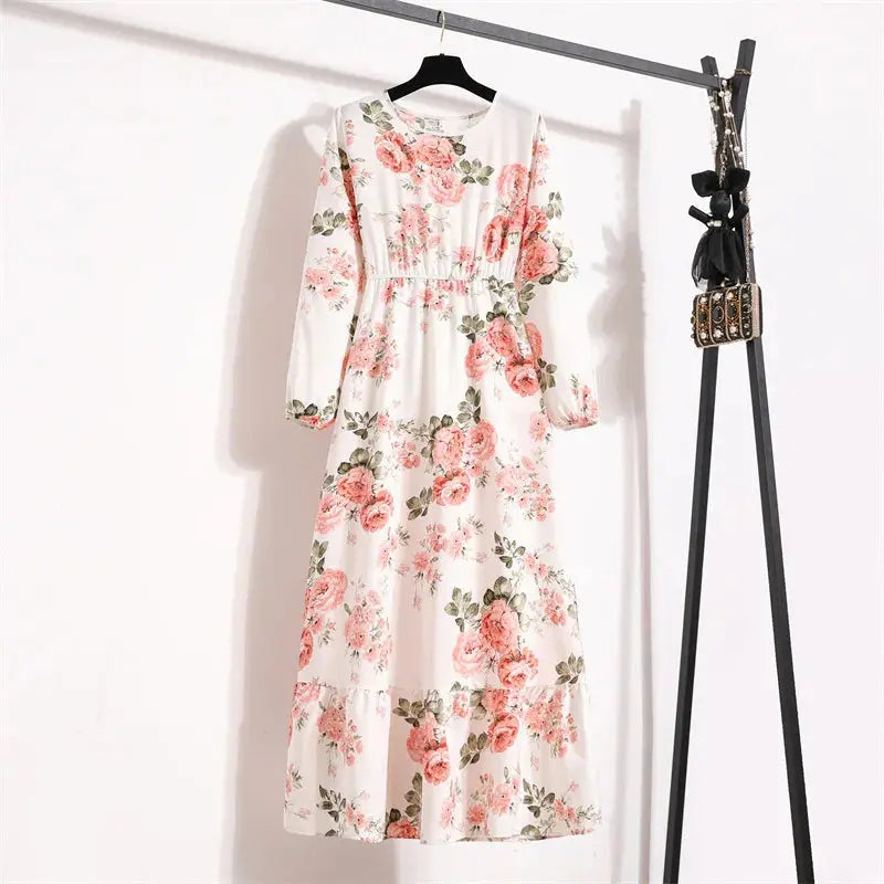 Summer Dresses for Women Casual Solid Full Sleeve Floral Printed O-neck Woman Bohe Beach Party Long Dress Mujer Vestidos Streetsharks