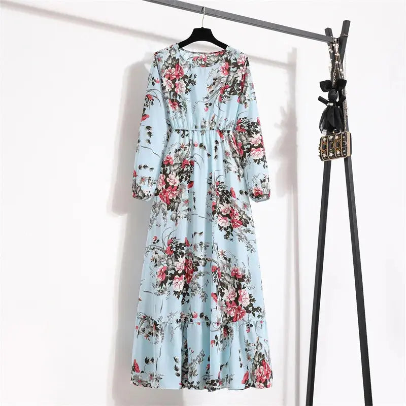 Summer Dresses for Women Casual Solid Full Sleeve Floral Printed O-neck Woman Bohe Beach Party Long Dress Mujer Vestidos Streetsharks