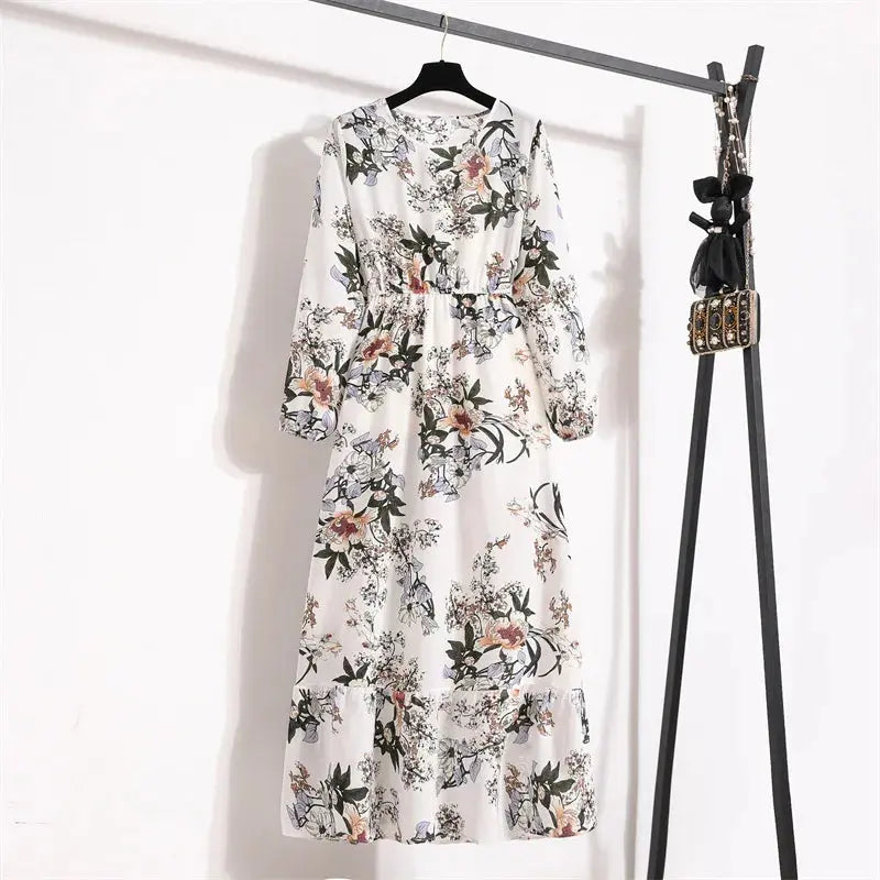 Casual Summer dresses for women Summer Dresses for Women Casual Solid Full Sleeve Floral Printed O-neck Woman Bohe Beach Party Long Dress Mujer Vestidos - Streetsharks