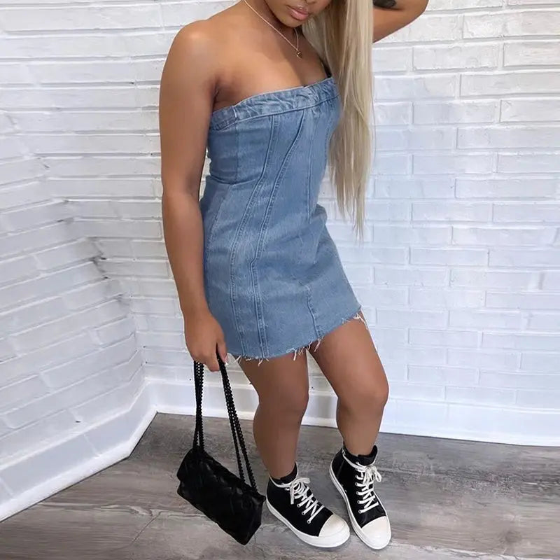 Summer Sexy Slim Short Dresses for Women with Backless Tube Denim Dresses StreetSharks