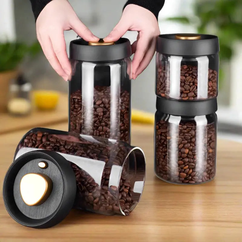 Vacuum Sealed Jug Set Black Coffee Beans Glass Airtight Canister Kitchen Food Grains Candy Keep Good Storage Jar Set Kitchen Gadgets Streetsharks