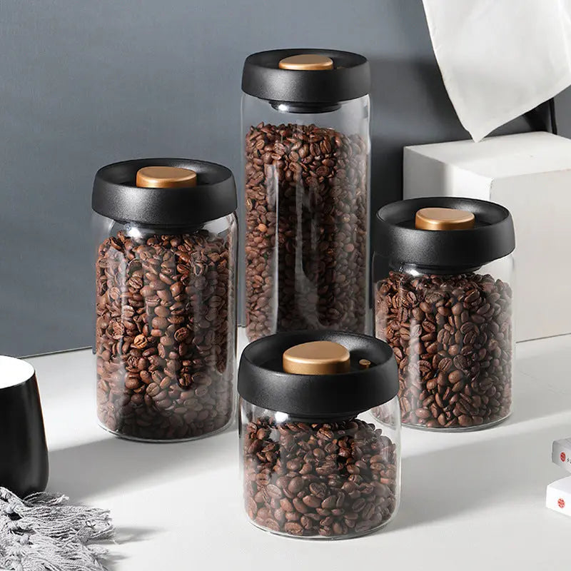 Vacuum Sealed Jug Set Black Coffee Beans Glass Airtight Canister Kitchen Food Grains Candy Keep Good Storage Jar Set Kitchen Gadgets Streetsharks