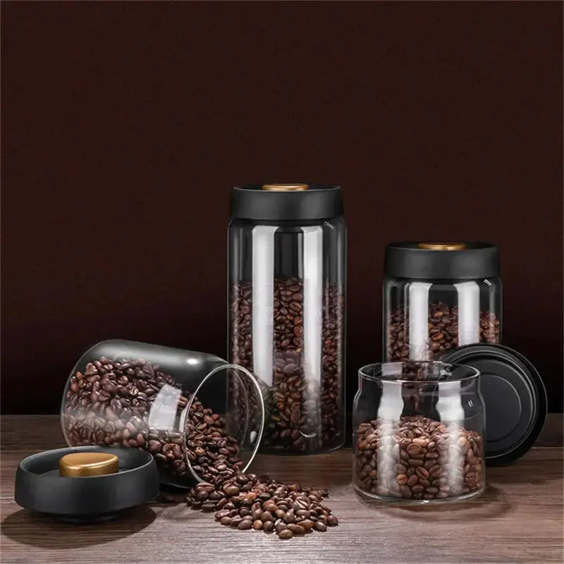 Vacuum Sealed Jug Set Black Coffee Beans Glass Airtight Canister Kitchen Food Grains Candy Keep Good Storage Jar Set Kitchen Gadgets Streetsharks