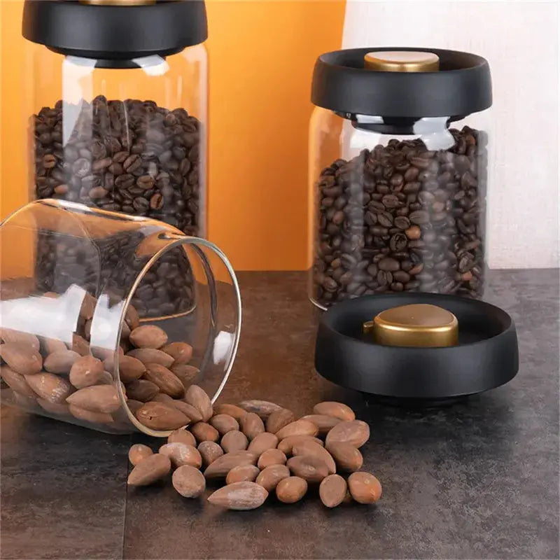 Vacuum Sealed Jug Set Black Coffee Beans Glass Airtight Canister Kitchen Food Grains Candy Keep Good Storage Jar Set Kitchen Gadgets Streetsharks