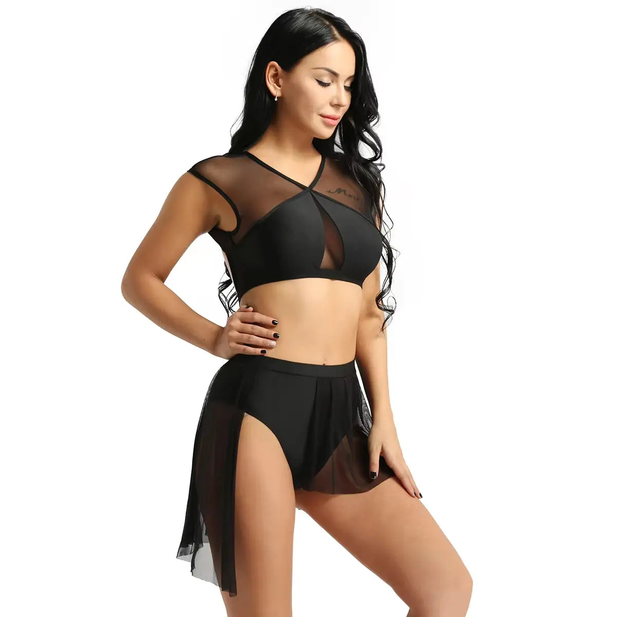 Women Asymmetrical Ballet Tutu Dancewear Female Mesh Splice Crop Top with Leotard Skirt Stage Lyrical Dance Costumes Set - Streetsharks