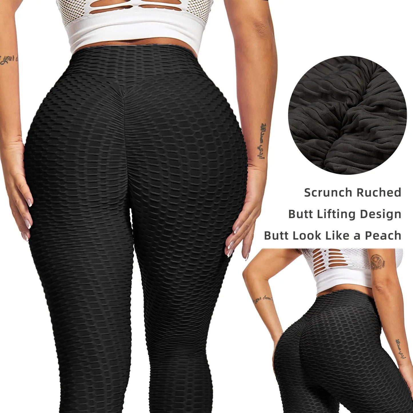 Women's Black Butt Lifting Yoga Pants with Bubble Texture StreetSharks