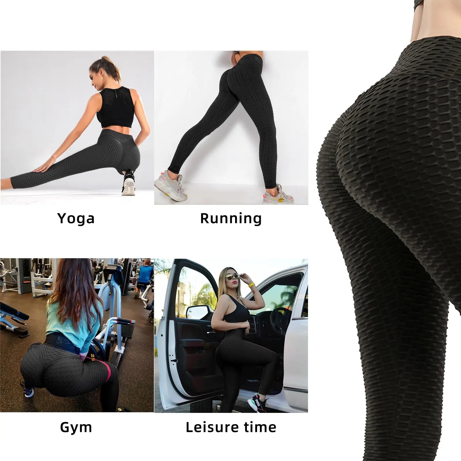 Women's Black Butt Lifting Yoga Pants with Bubble Texture StreetSharks