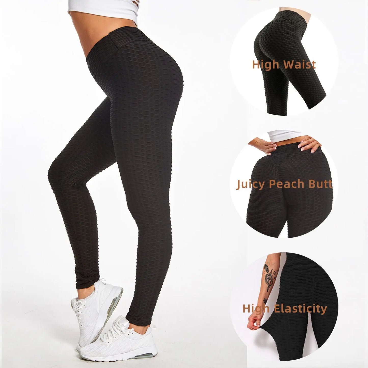 Women's Black Butt Lifting Yoga Pants with Bubble Texture StreetSharks