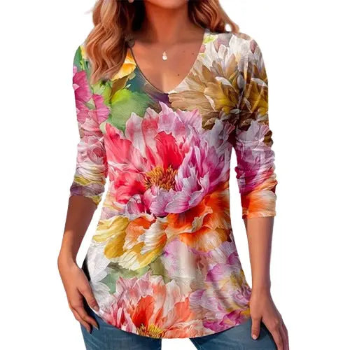 Women's V-neck Printed Autumnal Top Made in Europe and America StreetSharks