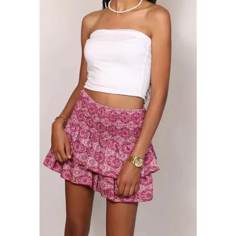 Womens Sexy High Waist Slim Short Skirt Fashion Boho Printed Pleated Half Body Skirt Summer Boho Floral Print Holiday Mini Skirt Streetsharks