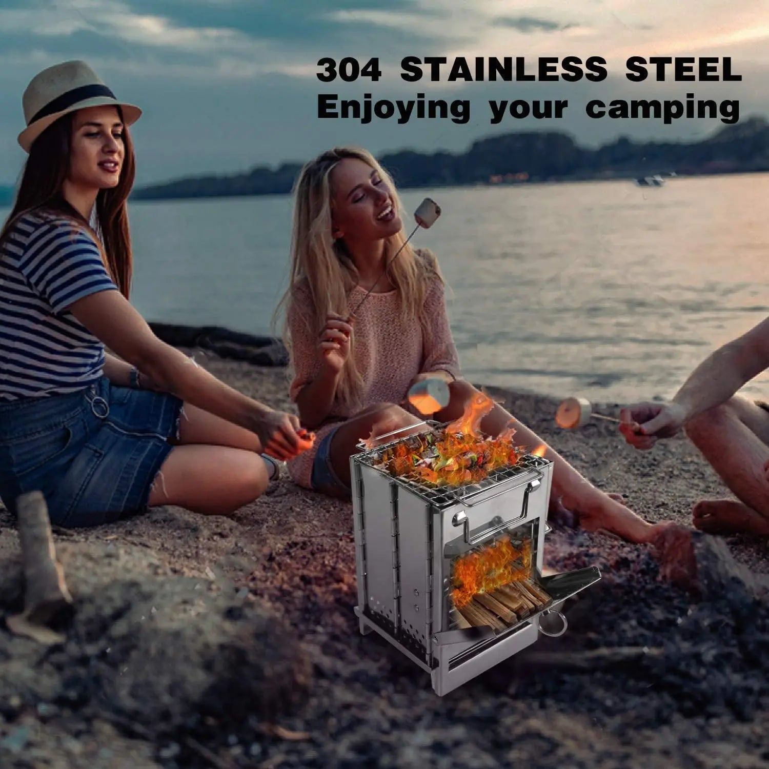 Folding Stainless Steel Grill Wood Burning Camp Stove Folding Stainless Steel 304# Grill, Small Portable Backpacking Stove for Hiking Camping Picnic BBQ - Streetsharks