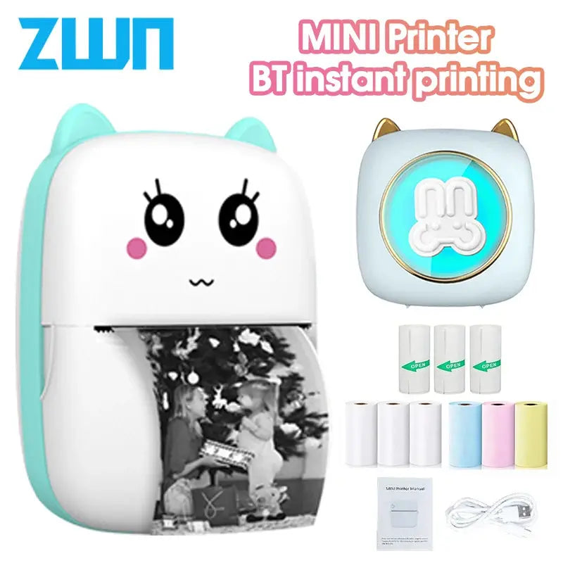 ZWN Portable Bluetooth Mini Printer Mobile Phone Photo Title Note Print Pocket Student Error Label Printer for Children's Gifts Streetsharks