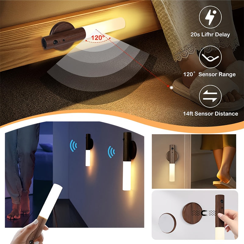 Motion-Activated LED Night Light - Magnetic, Adhesive Wall Mount for Cabinets, Stairs & Hallways - Perfect for Halloween, Christmas, Thanksgiving Decor - Walnut/Maple Finish TU Streetsharks