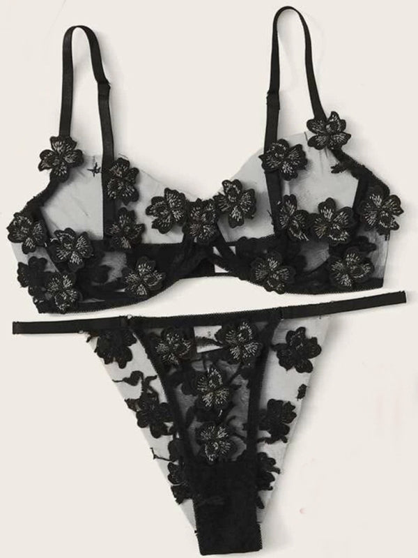 New sexy and sweet mesh embroidered flower appliqué bra set kakaclo