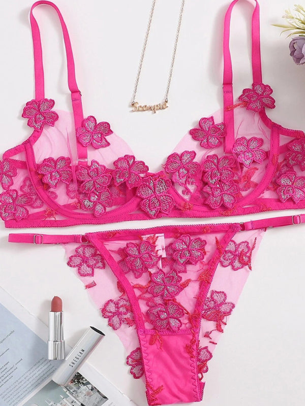 New sexy and sweet mesh embroidered flower appliqué bra set kakaclo