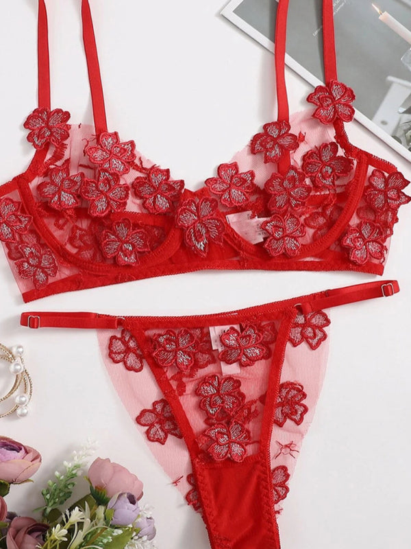 New sexy and sweet mesh embroidered flower appliqué bra set kakaclo