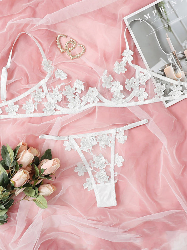 New sexy and sweet mesh embroidered flower appliqué bra set kakaclo