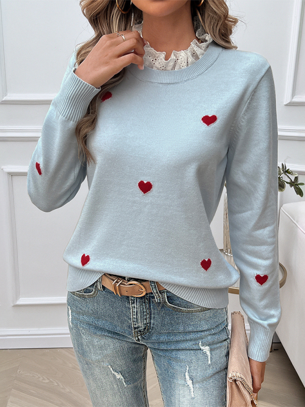 Women's Temperament Casual Embroidered Love Heart Long Sleeve Sweater kakaclo