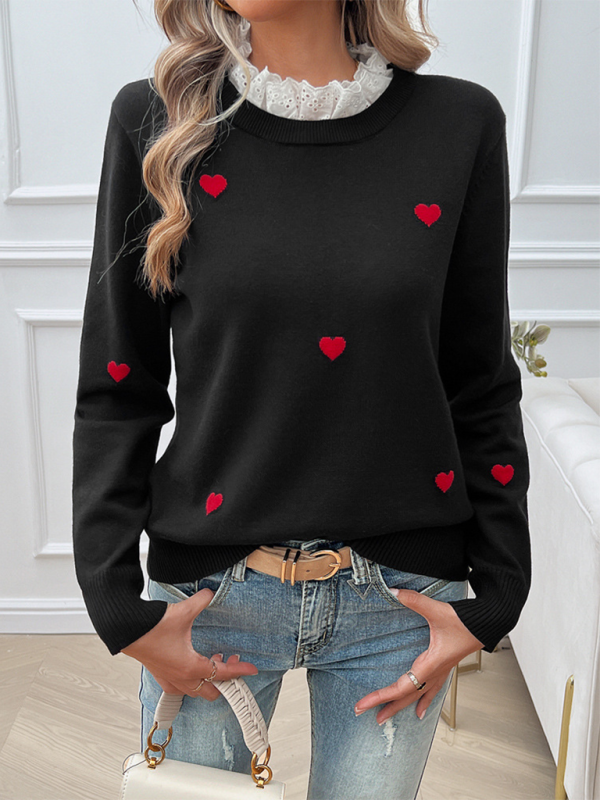 Women's Temperament Casual Embroidered Love Heart Long Sleeve Sweater kakaclo