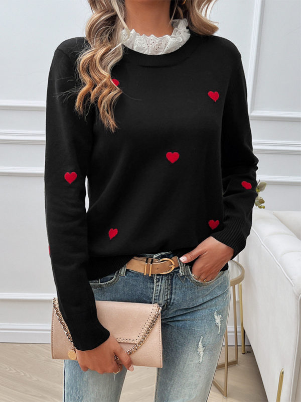 Women's Temperament Casual Embroidered Love Heart Long Sleeve Sweater kakaclo